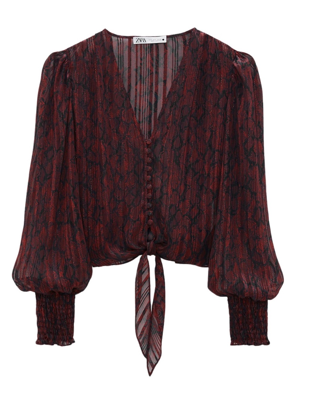 ZARA Burgundy and Black Snake-Print Tie-Front Blouse